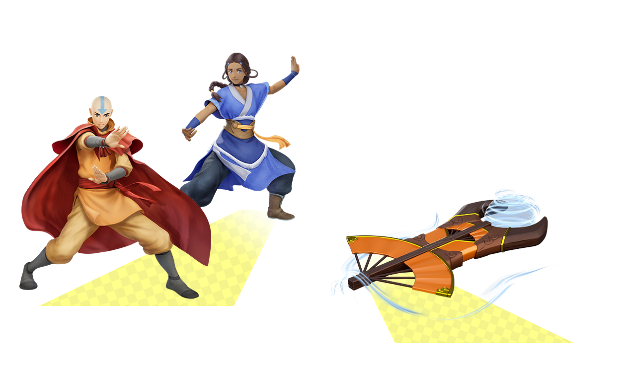 Aang and Katara racing in Sonic Racing: CrossWorlds Avatar Legends Pack artwork