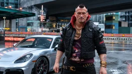 Cyberpunk-styled character standing beside a sports car in a futuristic city