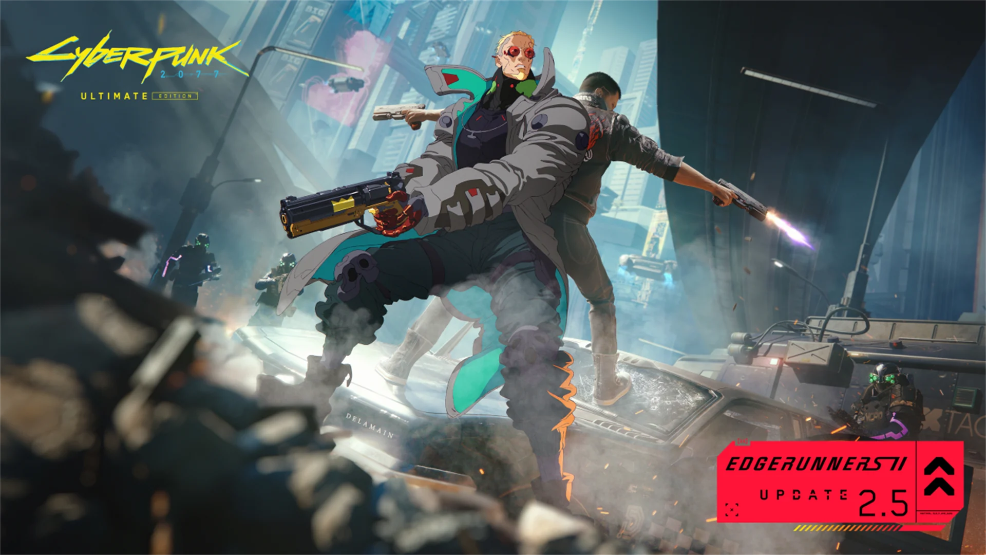 Cyberpunk 2077 Update 2.5 artwork showing V and an Edgerunners 2 character dual wielding in Night City