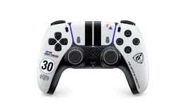 Gran Turismo Limited Edition DualSense controller with racing stripes and a carbon-fiber-style front