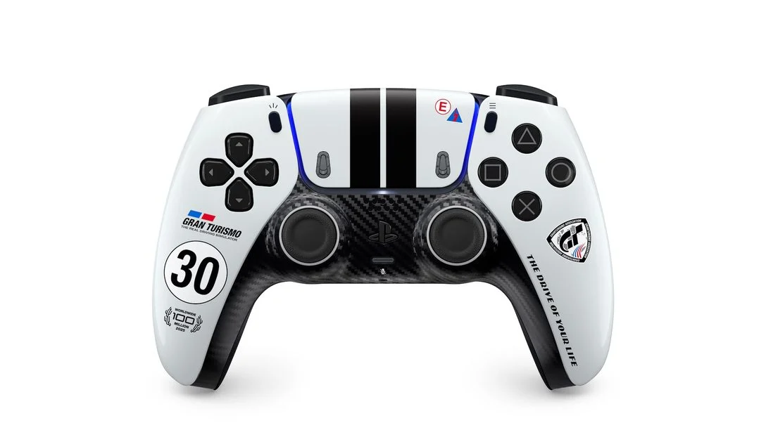 Gran Turismo Limited Edition DualSense controller with racing stripes and a carbon-fiber-style front
