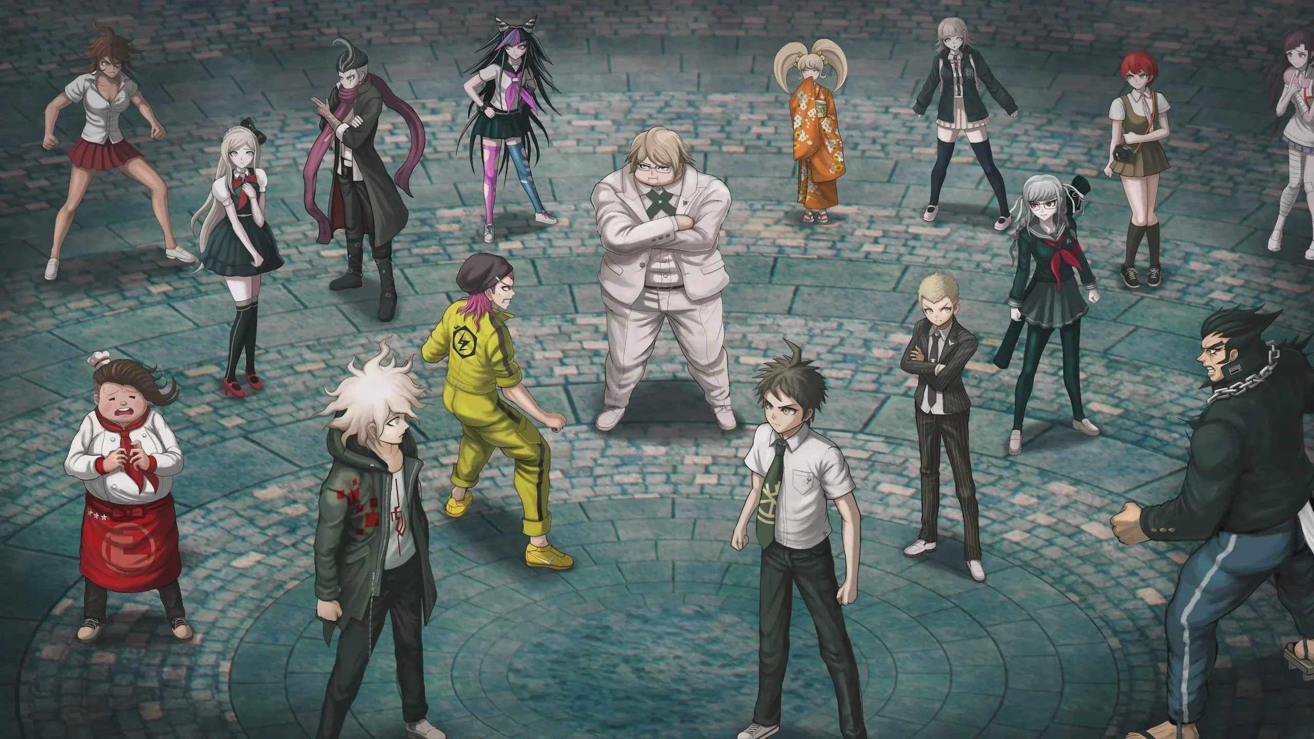 The Danganronpa 2x2 cast stands inside the Class Trial courtroom