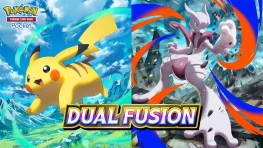 Pikachu and Mega Mewtwo X face opposite sides of the Pokémon TCG Pocket Dual Fusion key art