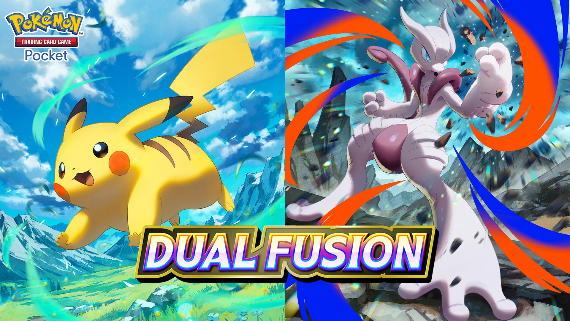 Pikachu and Mega Mewtwo X face opposite sides of the Pokémon TCG Pocket Dual Fusion key art