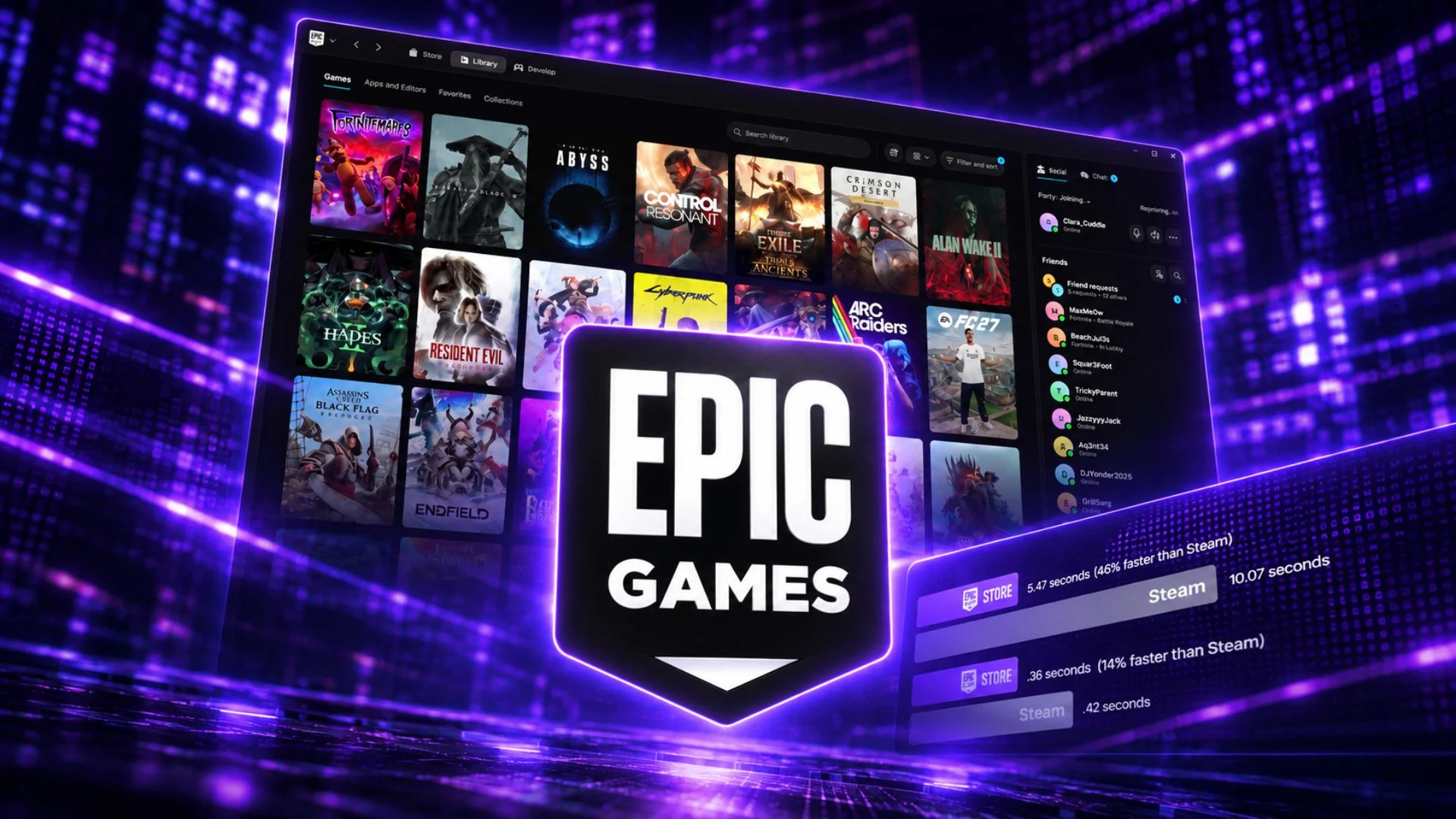 New Epic Games Launcher Preview interface with the Epic Games logo and startup benchmark comparison against Steam
