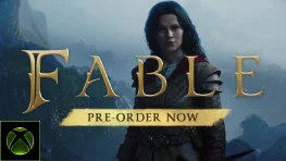 A Fable hero standing in Albion behind the gold Fable logo