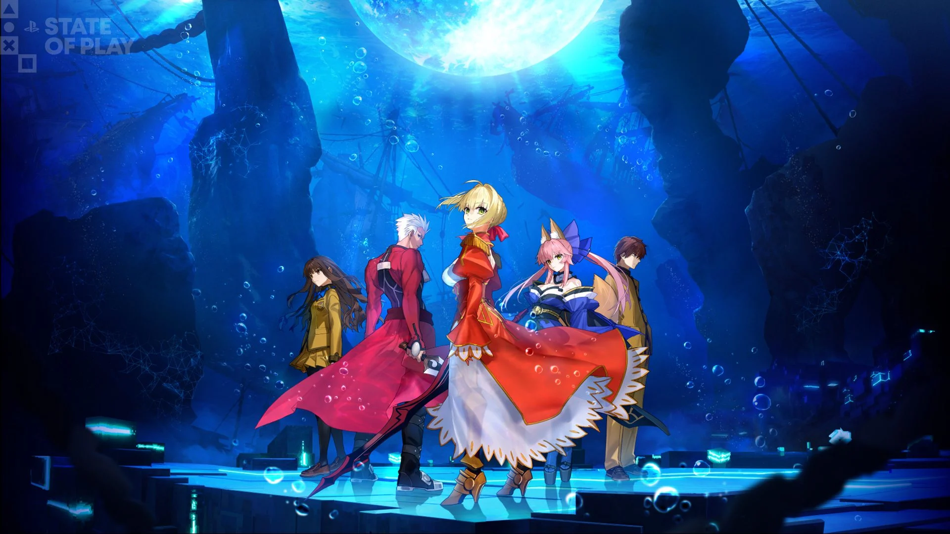 Fate/EXTRA Record Complete FAQ: Release Date, Platforms, Editions, PC Specs & More 1 Fate/EXTRA Record characters stand beneath the Moon Cell in SE.RA.PH