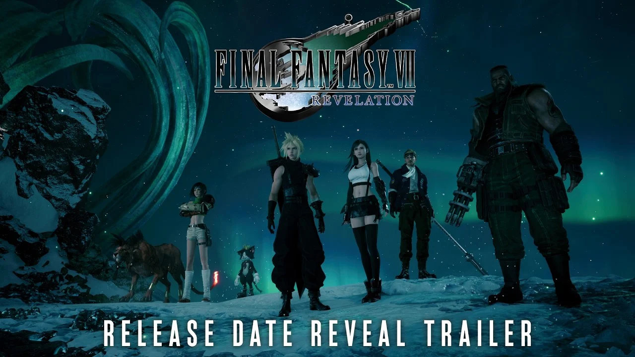 Cloud, Tifa, Barret, Cid, and other party members beneath the Final Fantasy VII Revelation logo