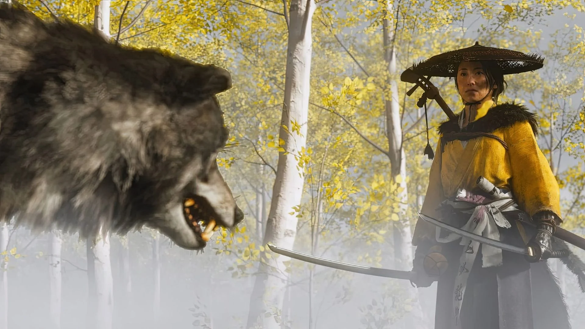 Ghost of Yōtei Developer Sucker Punch Hit by Layoffs 1 Ghost of Yōtei protagonist facing a bear in a yellow autumn forest