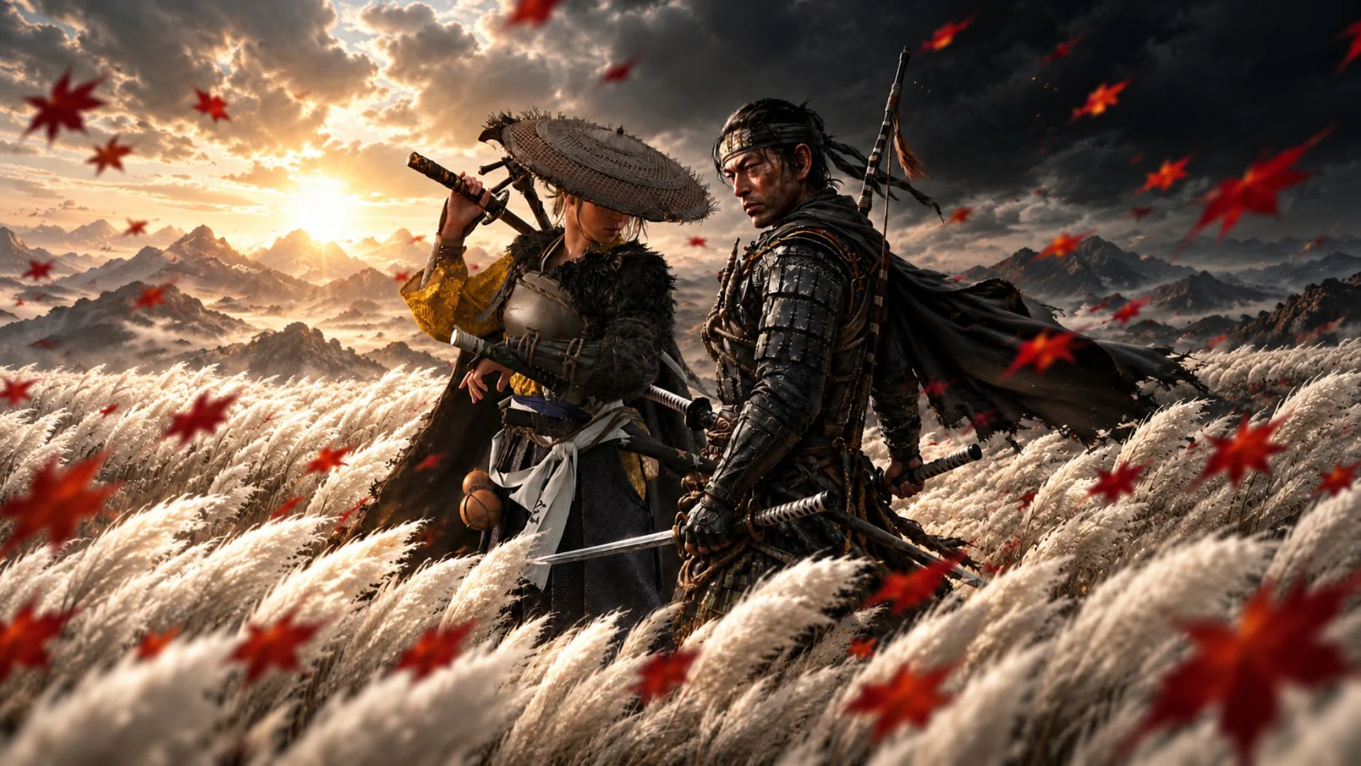 Ghost of Yotei protagonist Atsu and Ghost of Tsushima protagonist Jin Sakai standing in a field of red leaves