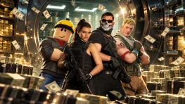 Stylized characters representing GTA 6, Fortnite, and Roblox inside a bank vault