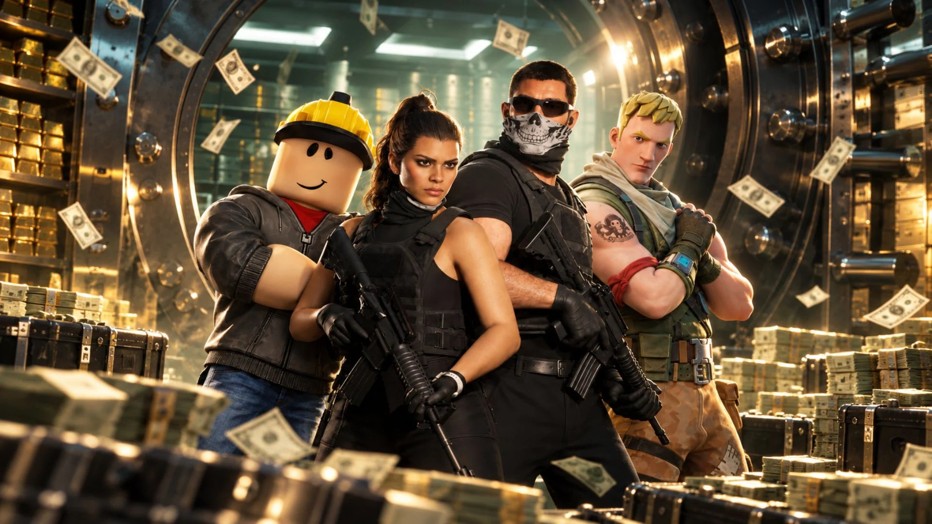 Stylized characters representing GTA 6, Fortnite, and Roblox inside a bank vault
