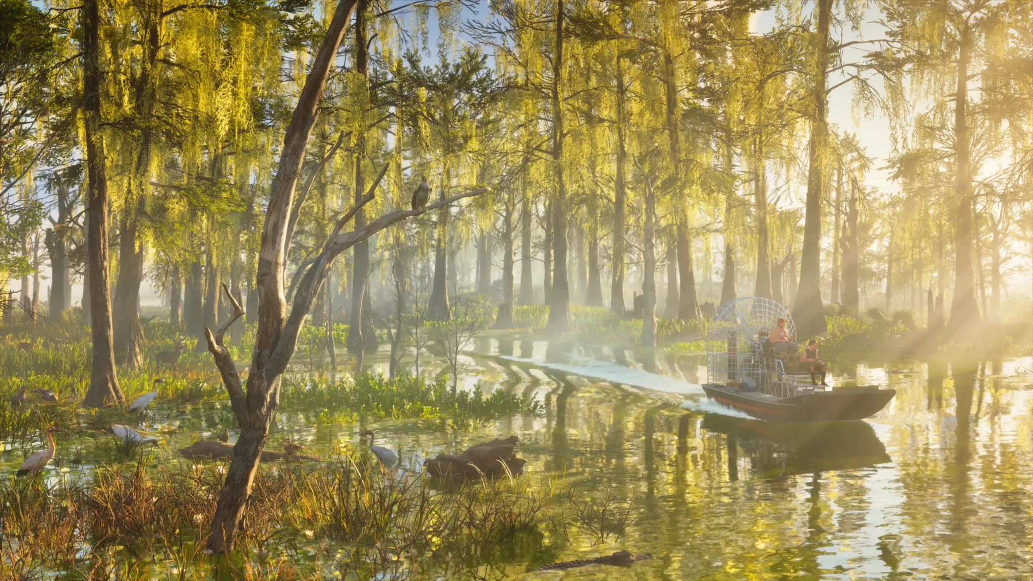 An airboat crossing a sunlit wetland in Grand Theft Auto VI
