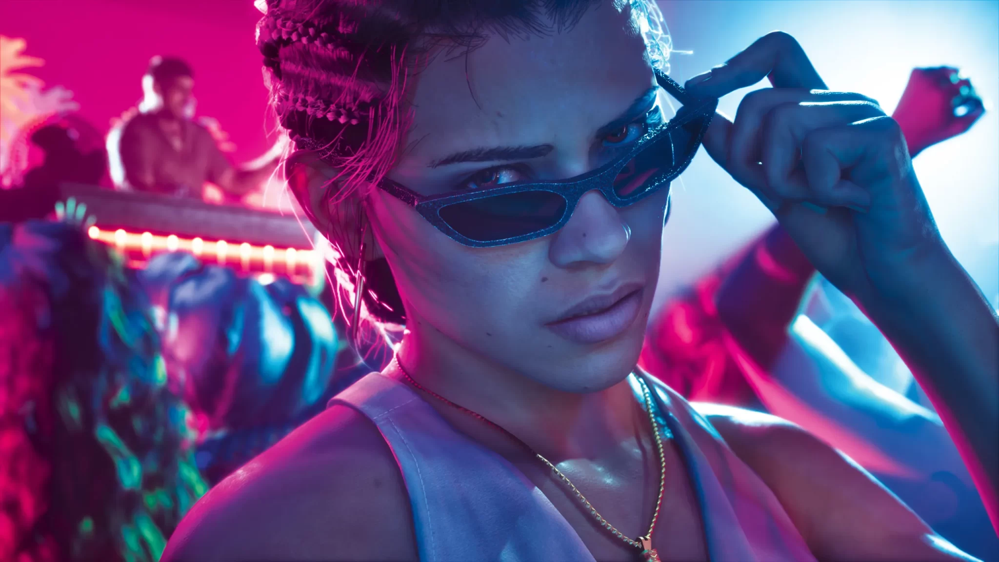 A woman adjusting her sunglasses inside a neon-lit Grand Theft Auto VI nightclub