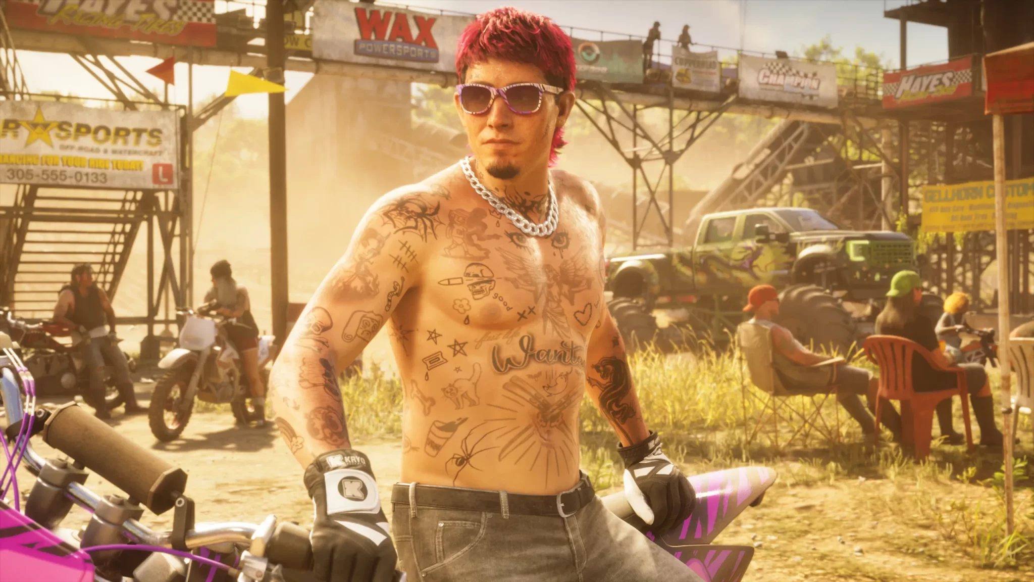 A tattooed dirt-bike rider at a motorsports venue in Grand Theft Auto VI