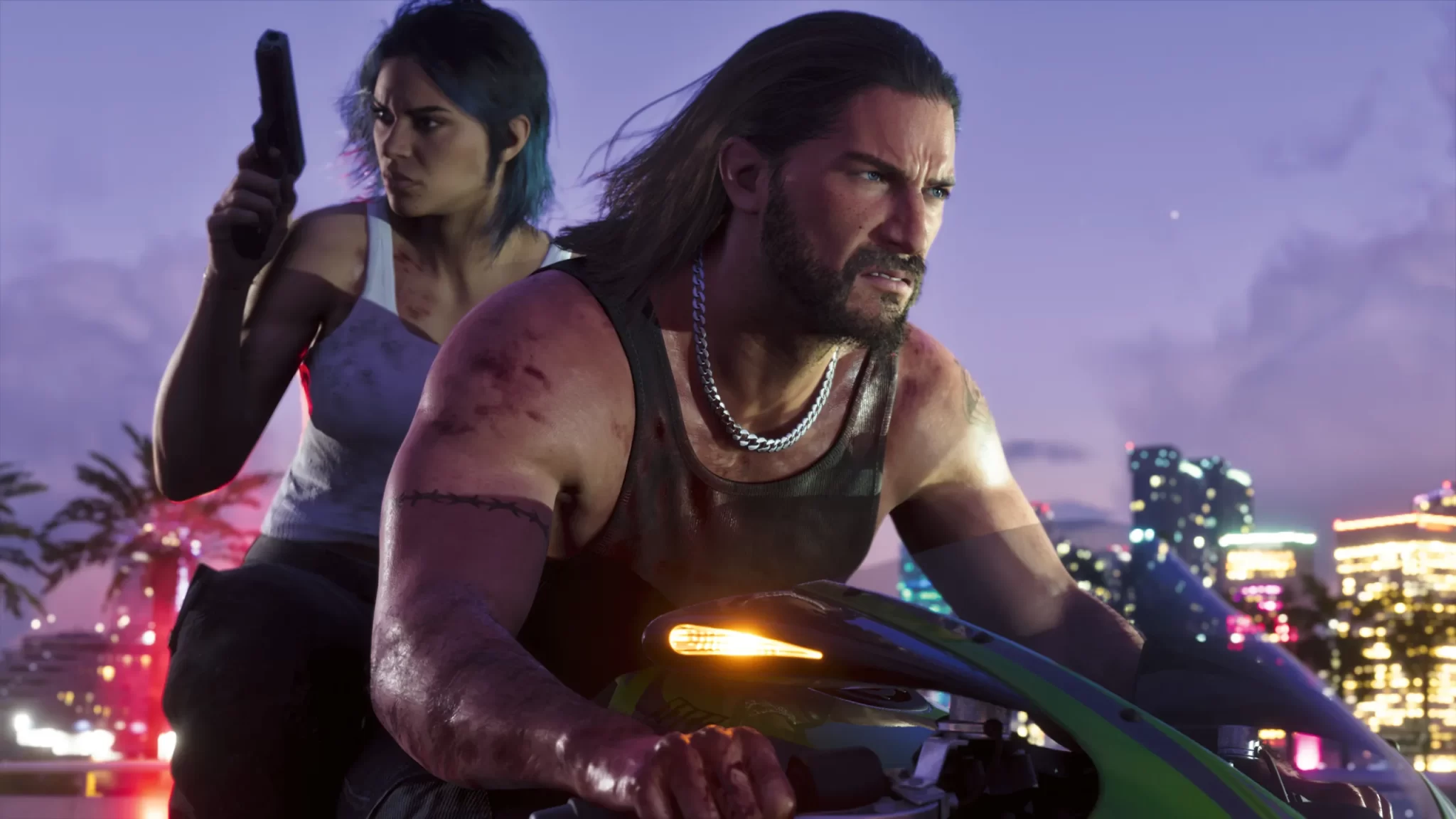 Jason riding a motorcycle with Lucia behind him in Grand Theft Auto VI