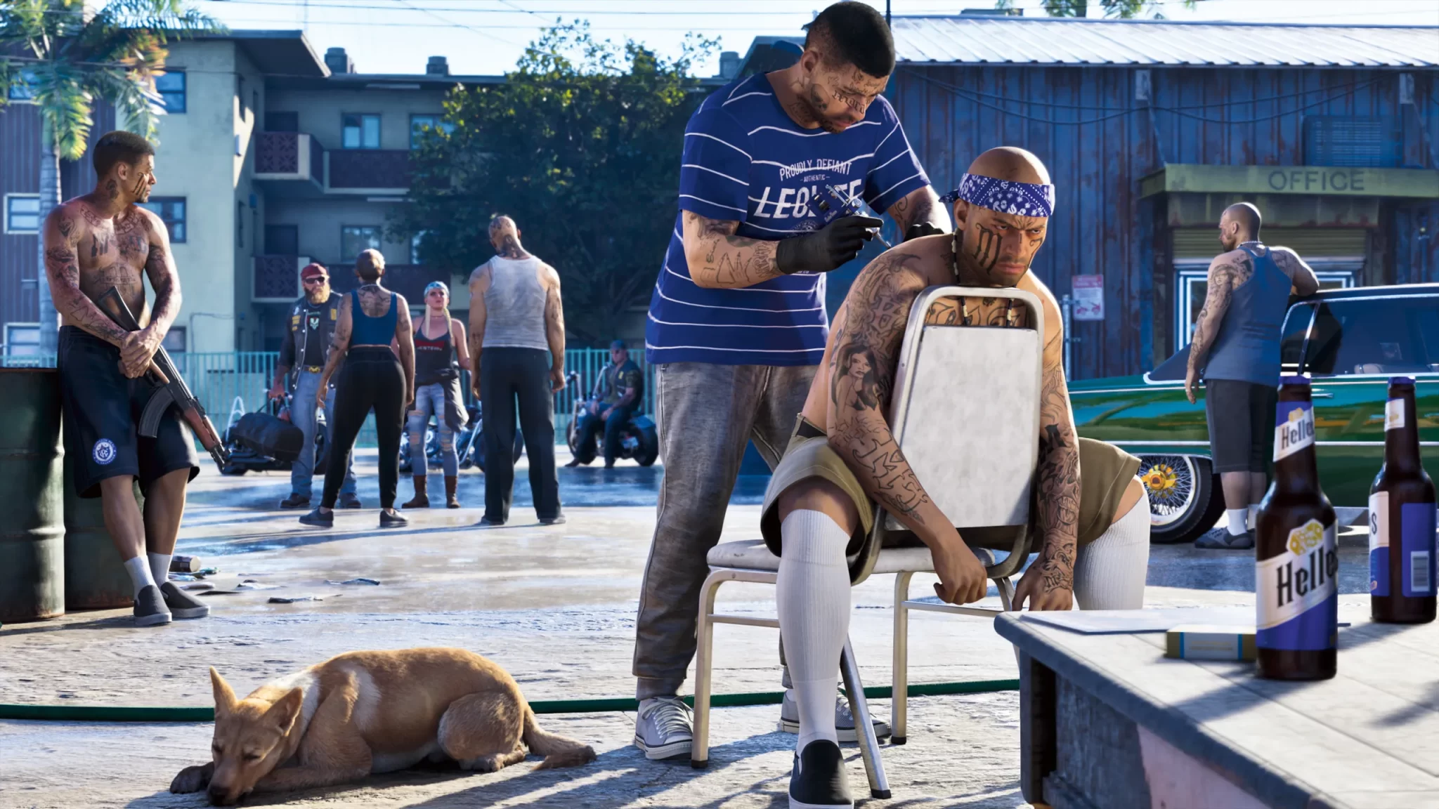 A tattoo artist working at a biker gathering in Grand Theft Auto VI