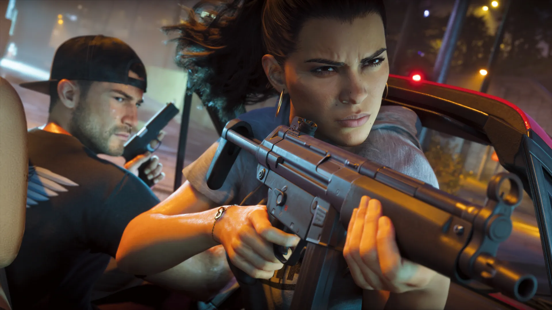 Lucia holding a submachine gun beside a car in Grand Theft Auto VI