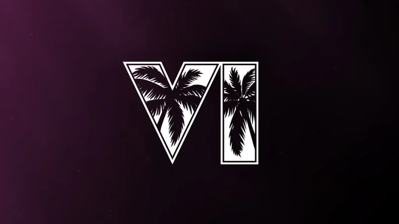 A white VI logo filled with palm tree silhouettes on a dark purple background