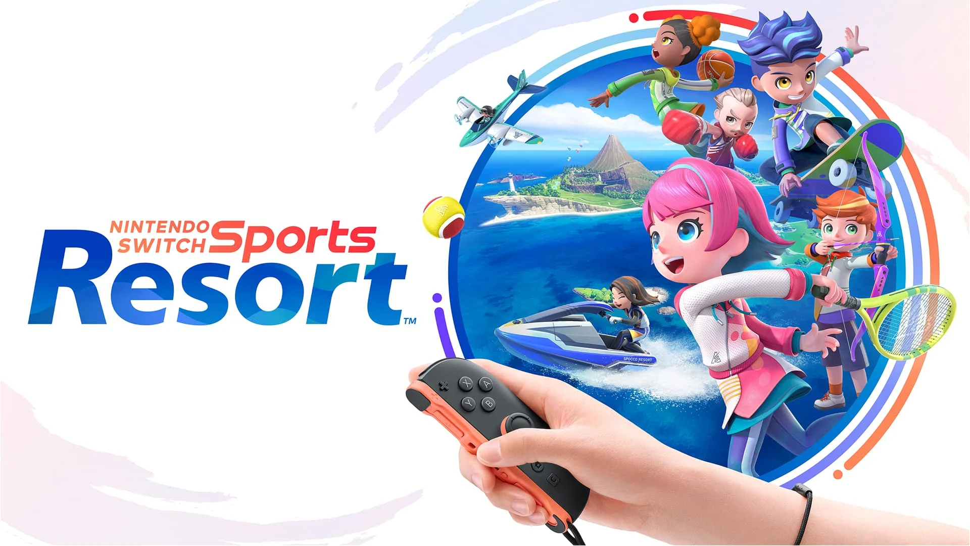 Nintendo Switch Sports Resort Complete FAQ: Price, All 12 Sports, Multiplayer & Online 1 Nintendo Switch Sports Resort key art showing Sportsmates playing tennis, boxing, basketball, skateboarding, archery, Power Cruising, and Prop Plane