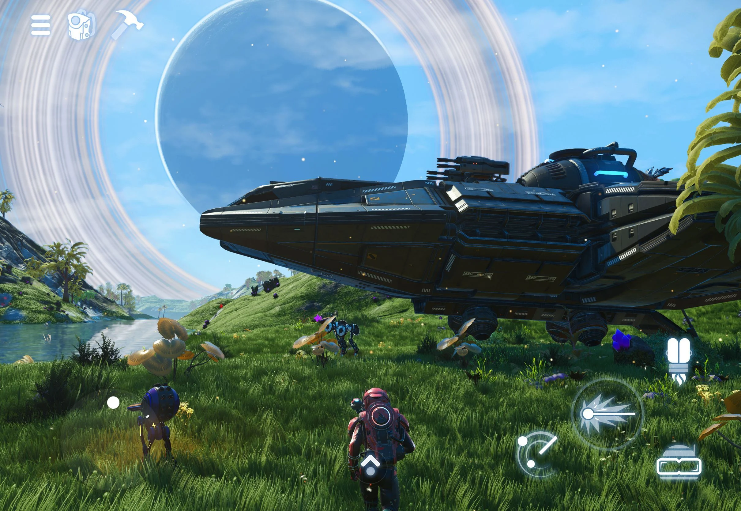 No Man’s Sky Is Coming to iPhone and iPad on October 28 1 No Man’s Sky gameplay on an iPad with touch controls visible around a landed starship