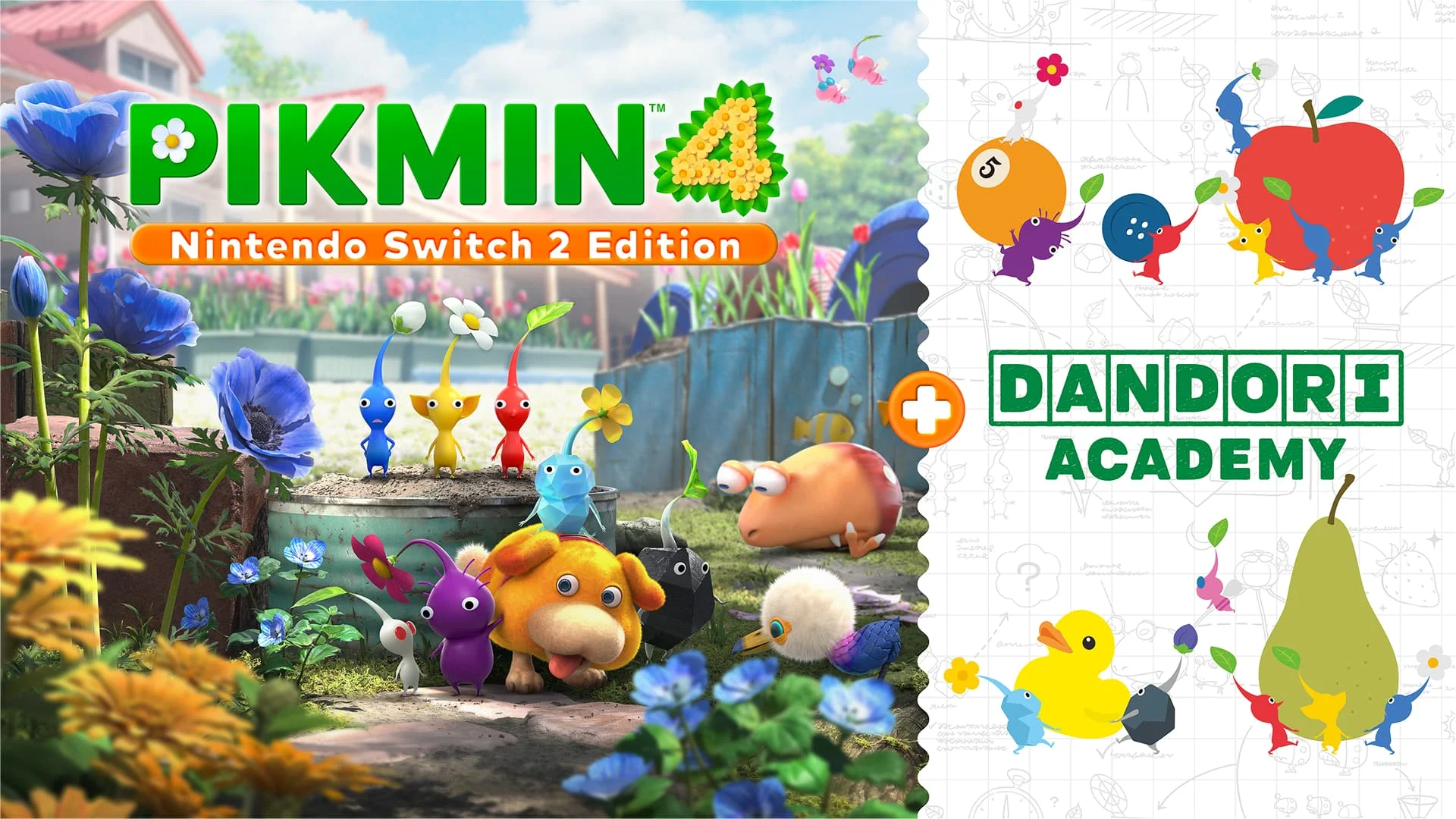 Pikmin, Oatchi, and Pikmin 4 Nintendo Switch 2 Edition with Dandori Academy logo