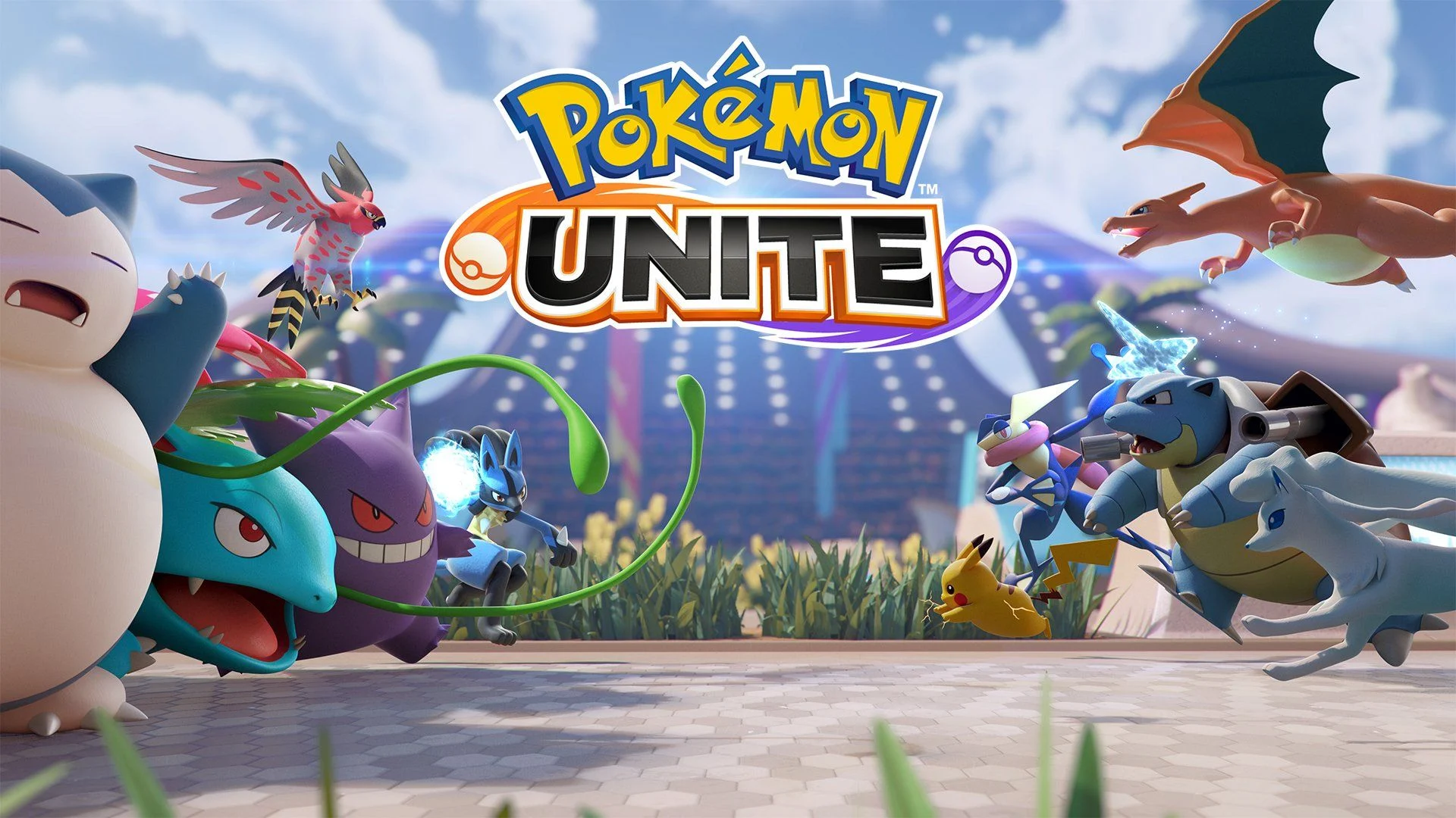 Pokémon UNITE logo above playable Pokémon facing each other in an arena