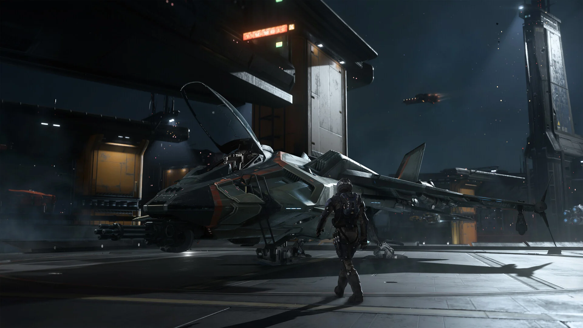 A UEE Navy pilot approaches a fighter spacecraft in an official Squadron 42 screenshot