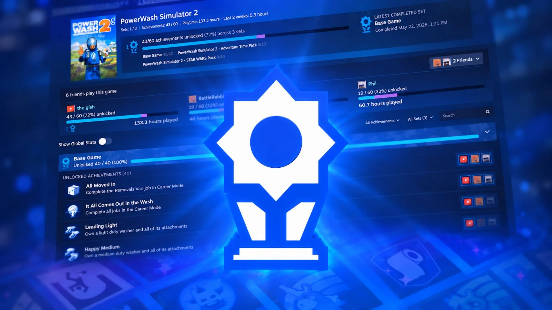 Steam Achievement Sets interface showing base-game and DLC progress, trophies, and friend comparisons