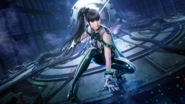 Stellar Blade Switch 2 Complete FAQ: Release Date, Price, Included DLC, Demo & More 7 EVE crouches inside a futuristic facility in official Stellar Blade Complete Edition artwork for Nintendo Switch 2.