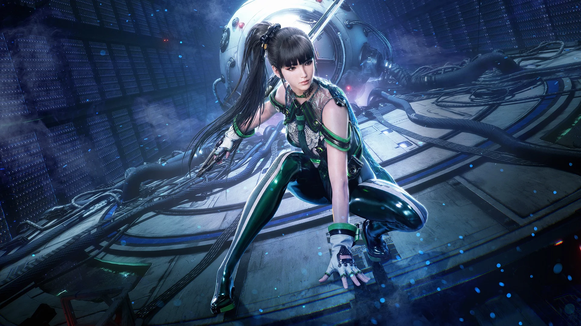 EVE crouches inside a futuristic facility in official Stellar Blade Complete Edition artwork for Nintendo Switch 2.