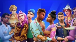A group of Sims characters from The Sims franchise posed against a blue background
