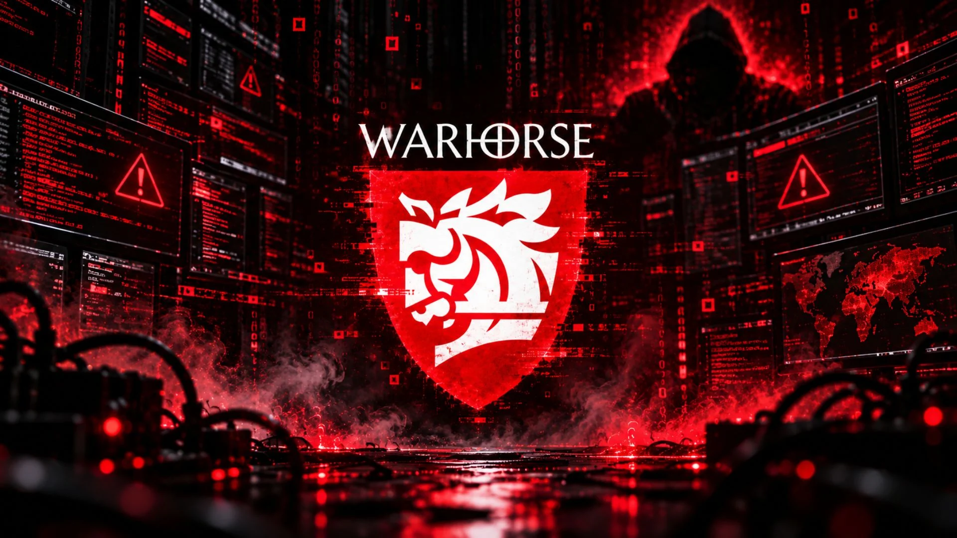 Warhorse Studios logo amid red cybersecurity warning graphics