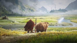 A dwarven hunter and bear overlook a river valley in World of Warcraft: Forever