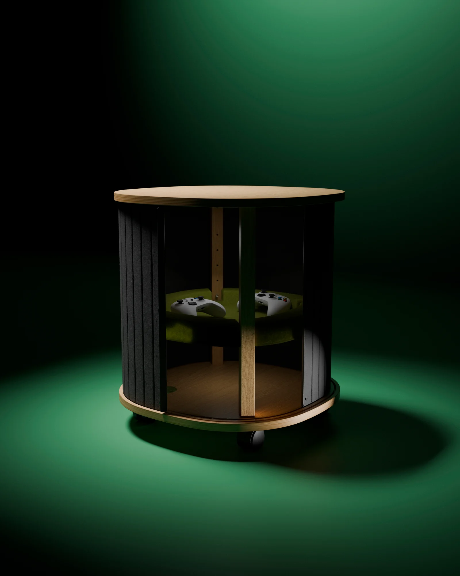 Round YXSTABY side table on castors with integrated storage for Xbox controllers.