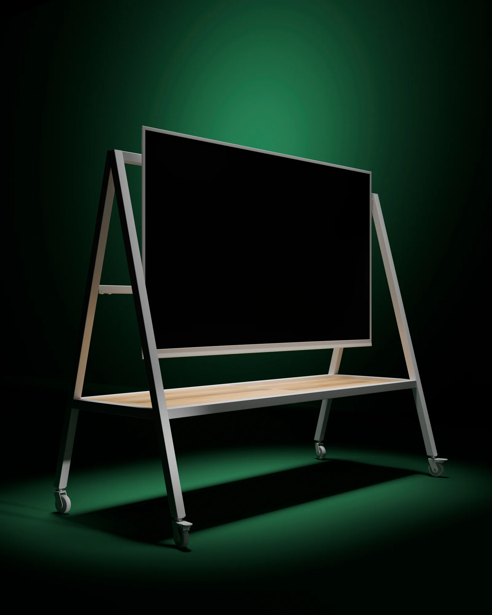 YXSTABY mobile TV stand with an A-frame structure, shelf and castors.